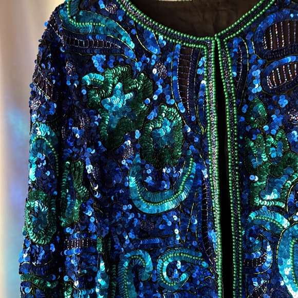 Vintage 1980's Laurence Kazar New York Blue Green Sequin Silk Jacket Large - Picture 2 of 10